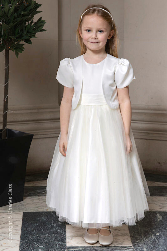 Girls Ivory Diamante Organza Dress with Short Bolero - Grace