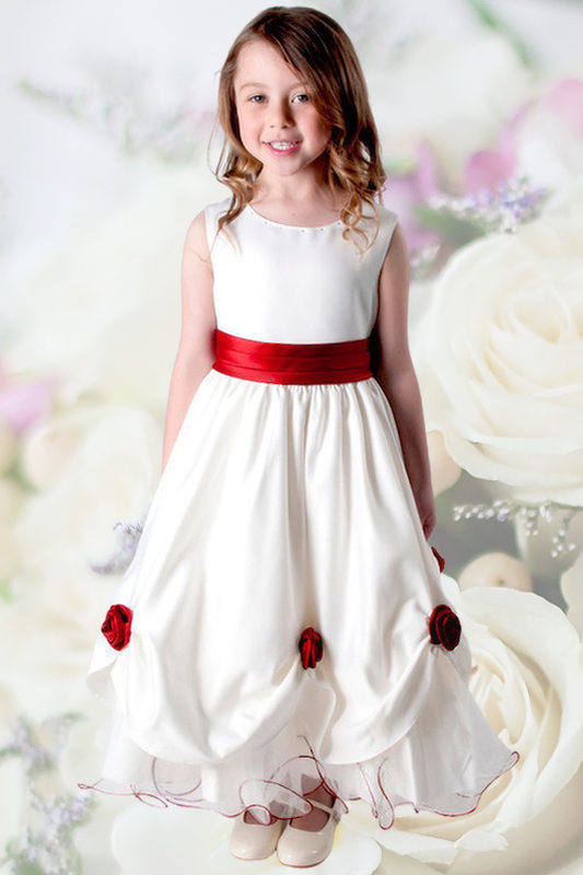 Girls Ivory with Red Rose Flower Girl Dress - Fiona