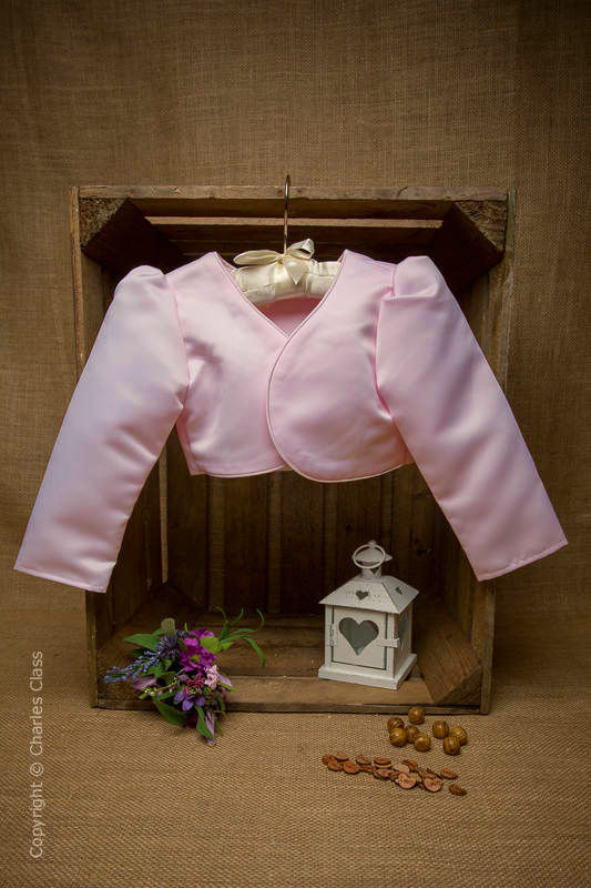 Girls Light Pink Satin Long Sleeve Bolero Jacket