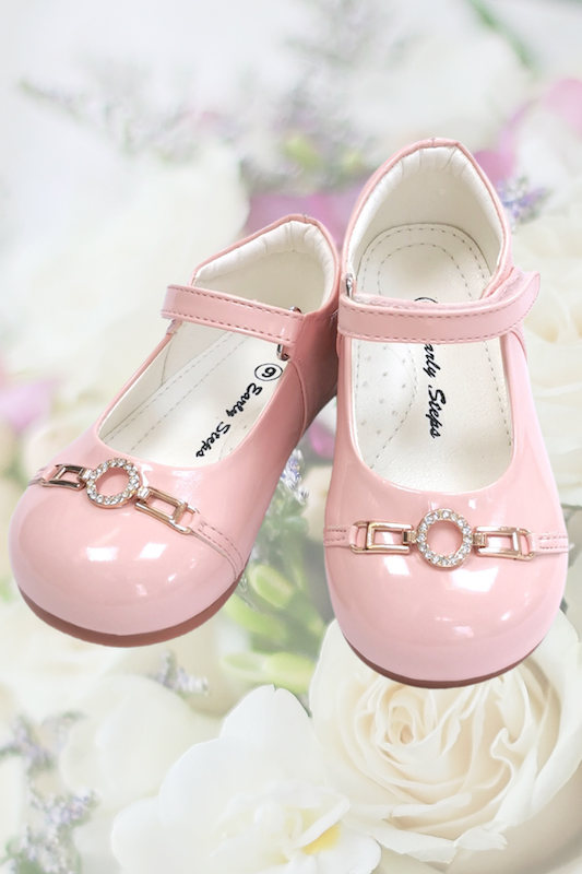 Girls Pink Sparkle Diamond Buckle Patent Leather Shoes