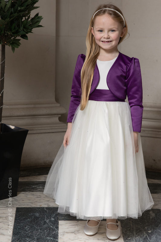 Girls Ivory with Purple Diamante Dress with Purple Bolero - Grace