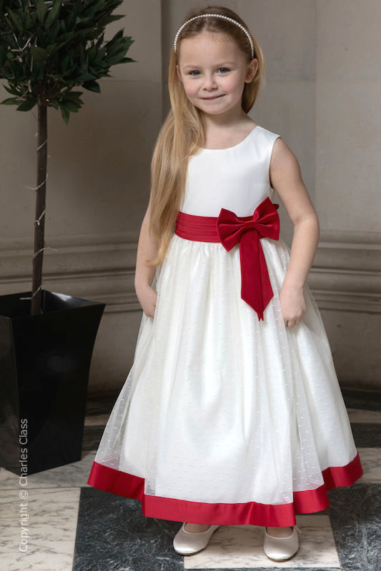 Girls Ivory with Red Bow Flower Girl Dress - Sophia