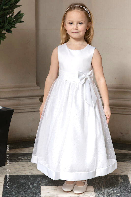 Girls White Bow Flower Girl Dress - Sophia