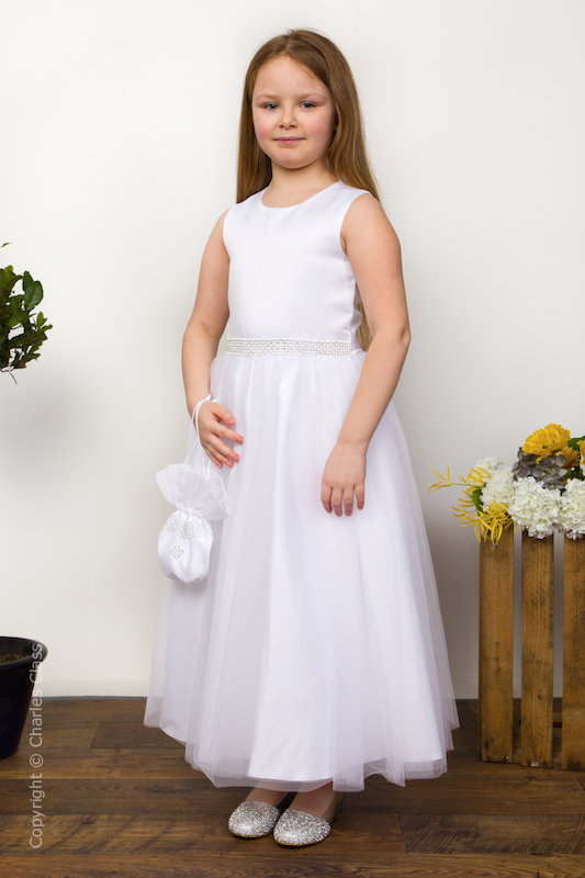 Girls White Diamante Flower Girl Dress & Bag - Elsie