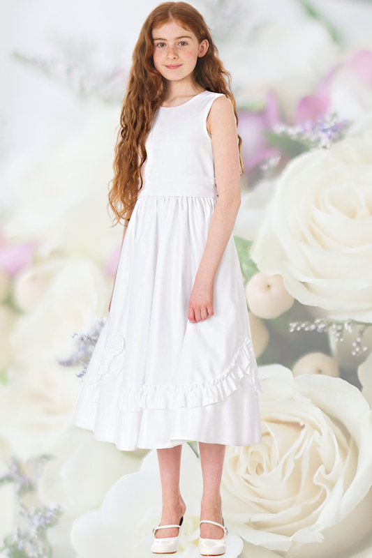 Girls White Frilly Rose Flower Girl Dress - Catherine