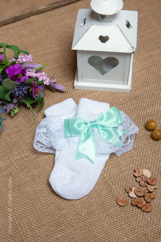 BABY GIRLS WHITE FRILLY LACE ANKLE SOCKS BLUE BOW