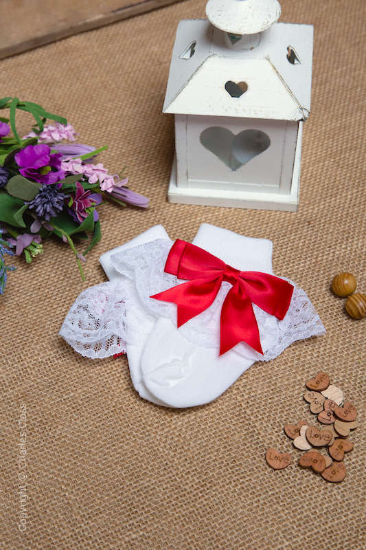 Girls White & Red Large Bow Full Lace Ankle Socks