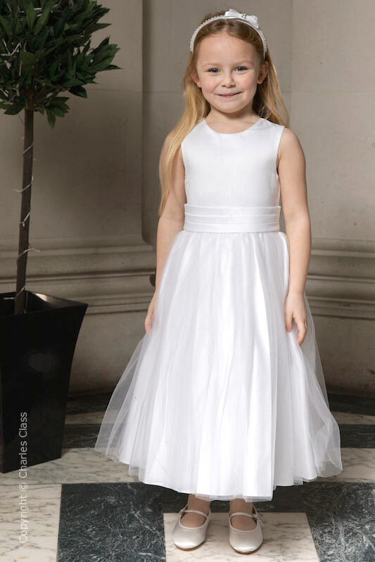 Girls White Diamante Sparkle Organza Flower Girl Dress - Grace