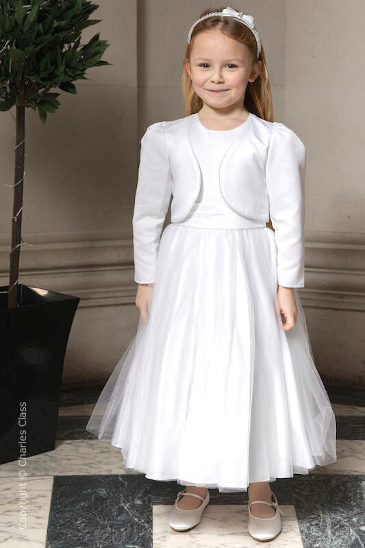 Girls White Diamante Organza Dress with Long Bolero - Grace