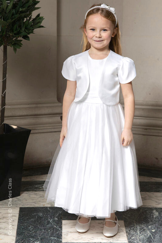 Girls White Diamante Organza Dress with Short Bolero - Grace