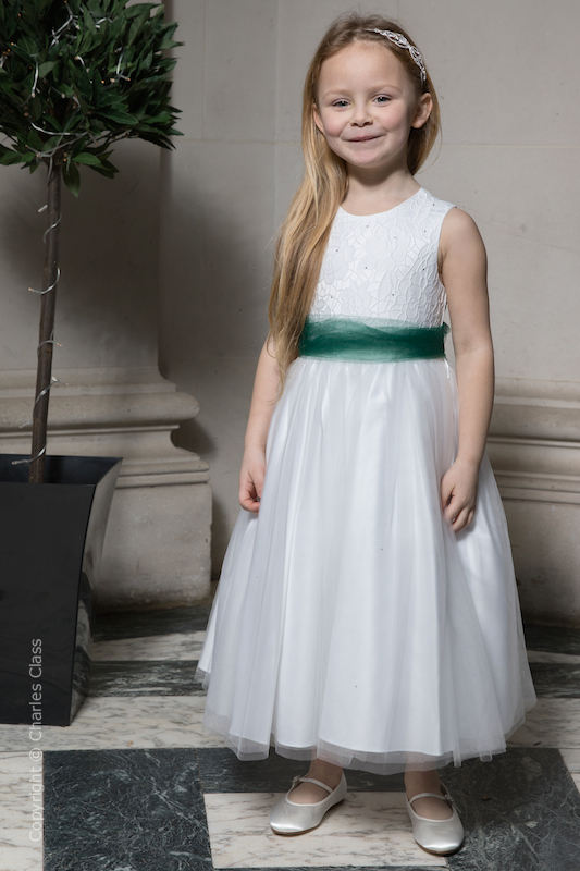 Girls White Embroidered Dress with Hunter Green Sash Flower Girl