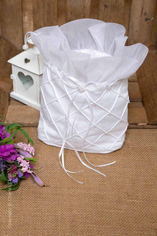 White Satin & Organza Pearl Bridal Dolly Bag / Wedding Flowergirl Handbag