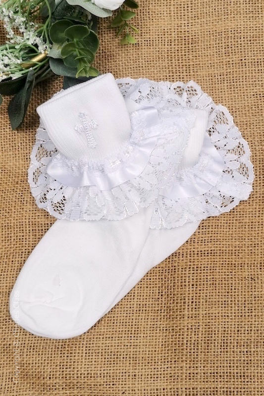 Girls White Draping Lace & Ribbon Cross Communion Socks