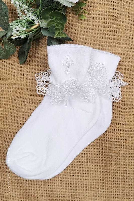 Girls White Strawberry Guipure Lace Cross Communion Socks