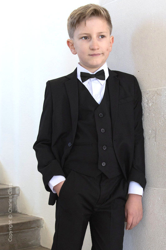Boys Black Slim Jacket Suit with Black Dickie Bow Tie Charles Class