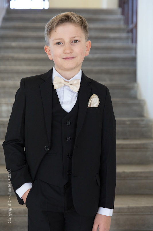 Boys Black Suit with Champagne Bow & Hankie - Marcus
