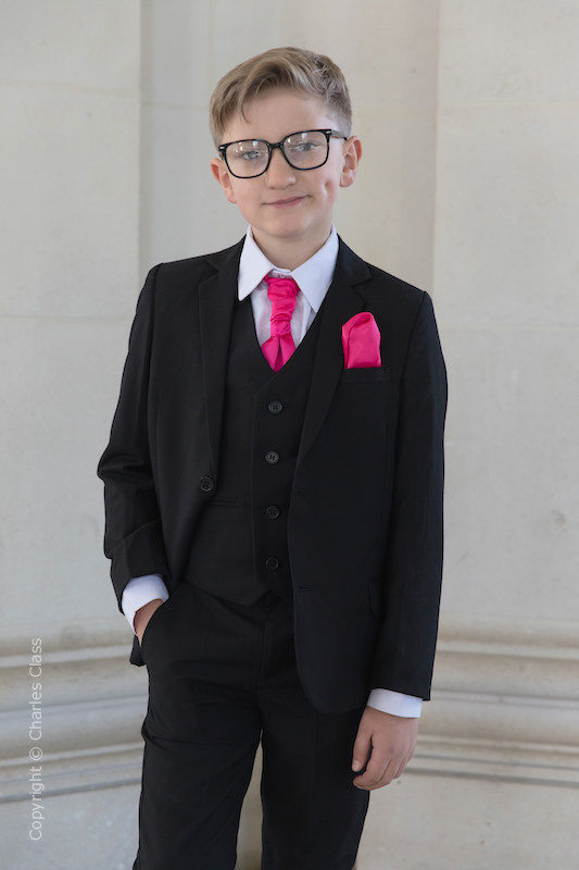 Boys Black Suit with Hot Pink Cravat Set - Marcus