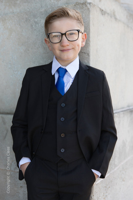 Boys Black Slim Fit Wedding Suit with Royal Blue Tie | Charles Class