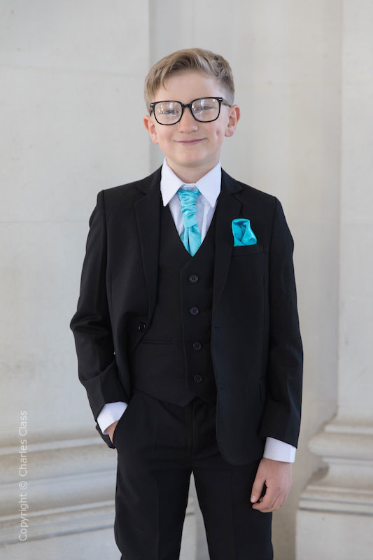Boys Black Slim Fit Suit with Turquoise Cravat | Boys Wedding Suit