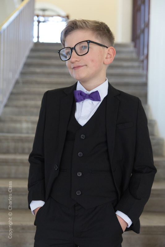 Boys Black Suit with Purple Dickie Bow - Marcus