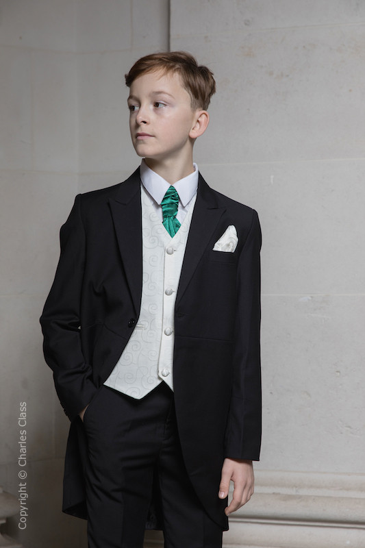 Boys Black Ivory Tail Coat Suit with Bottle Green Cravat | Charles Class