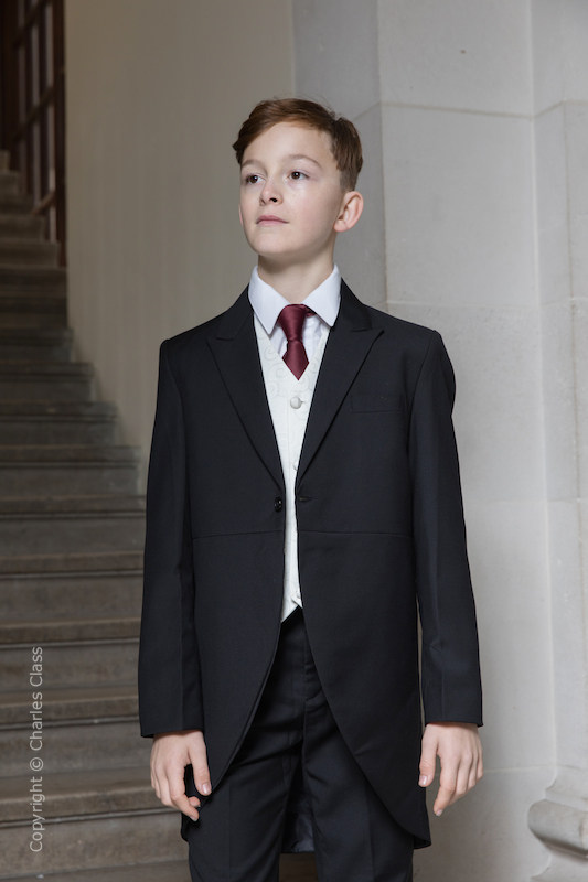 Boys Black & Ivory Tail Suit with Burgundy Tie - Philip