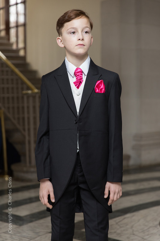 Boys Black & Ivory Tail Suit with Hot Pink Cravat Set - Philip