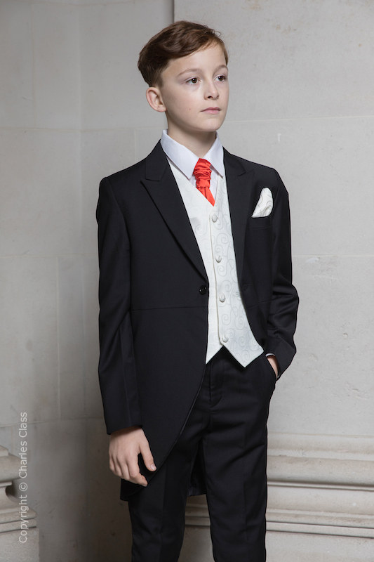 Boys Black & Ivory Tail Suit with Poppy Red Cravat - Philip