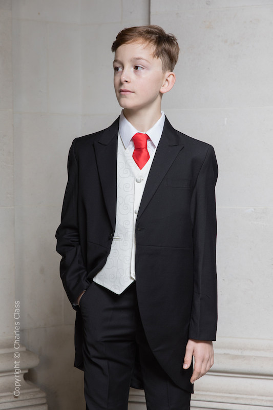 Boys Black Ivory Scroll Tail Coat Suit with Red Tie | Charles Class