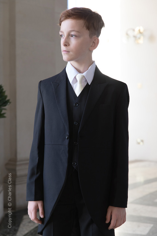 Boys Black Tail Coat Suit with Ivory Tie - Ralph