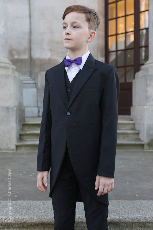 Boys Black Tail Coat Suit with Purple Bow Tie - Ralph