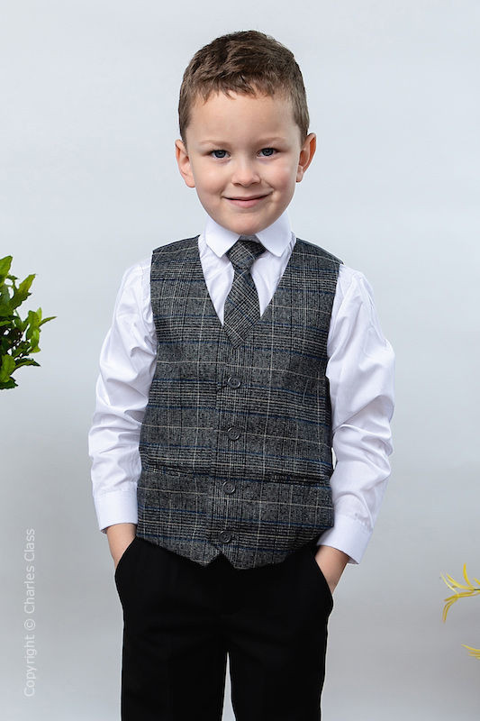 Boys Black Trouser Suit with Blue Check Tweed Waistcoat - Chester