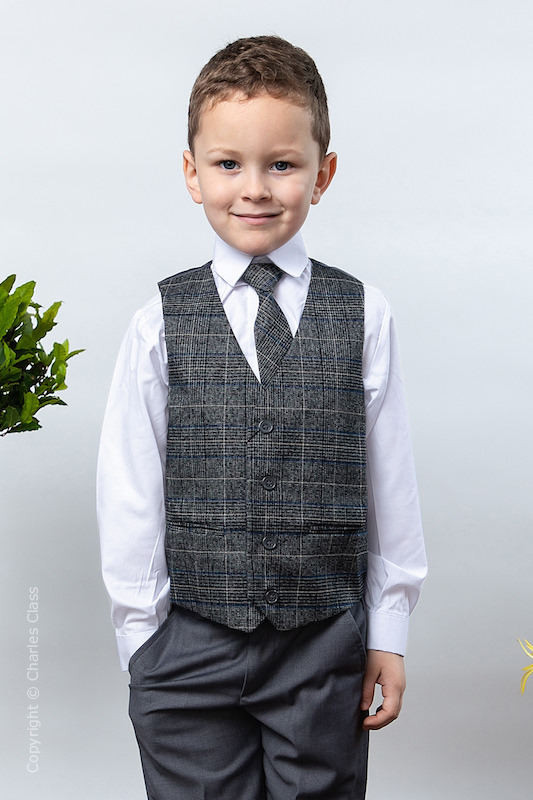 Boys Grey Trouser Suit with Blue Check Tweed Waistcoat - Charlie