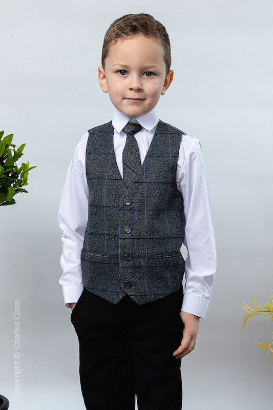 Boys Black Trouser Suit with Blue Large Check Tweed Waistcoat - Chester