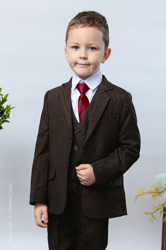 Boys Dark Brown Soft Brushed Tweed Jacket Suit - Leonard