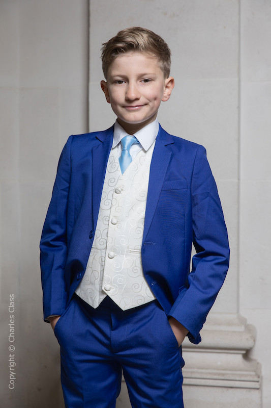 Boys Electric Blue & Ivory Suit with Sky Blue Tie - Bradley