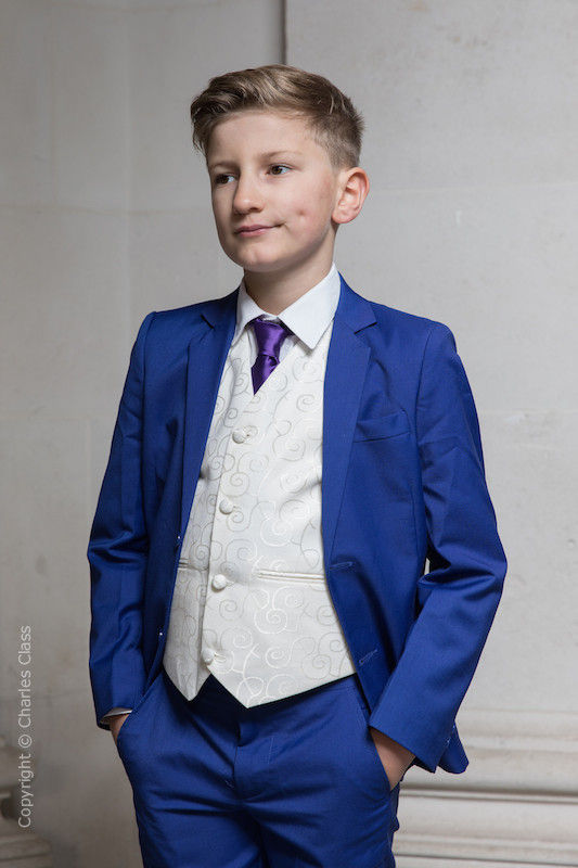 Boys Electric Blue & Ivory Suit with Purple Tie - Bradley