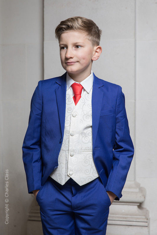 Boys Electric Blue & Ivory Suit with Red Tie - Bradley