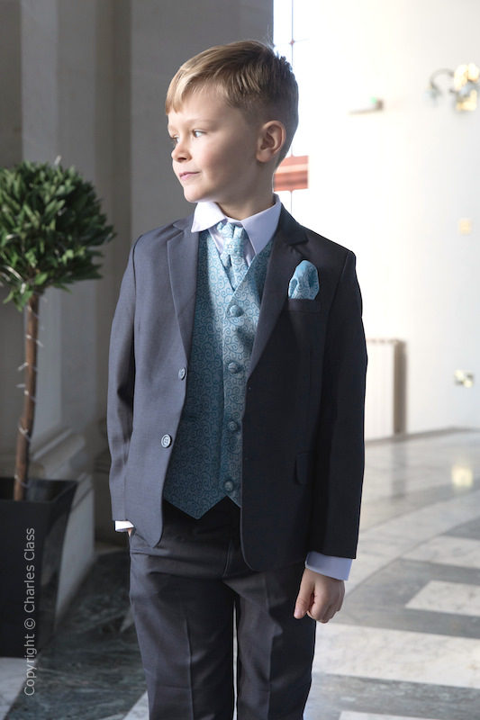 Boys Grey & Blue Scroll Jacket Suit - Oliver