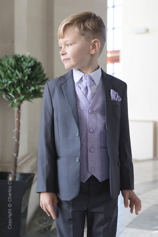 Boys Grey & Lilac Scroll Jacket Suit - Oliver