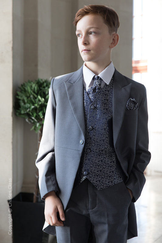 Boys Grey & Navy Scroll Tail Coat Suit - Melvin