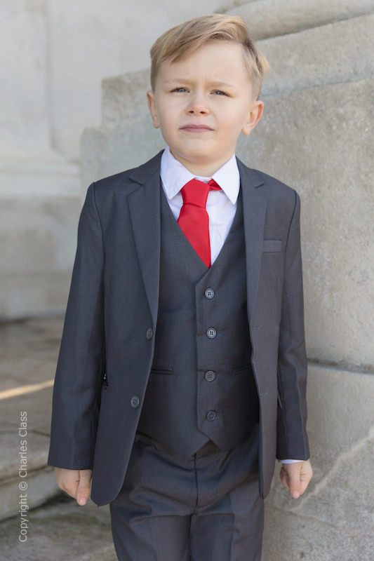 Boys Grey Jacket Suit with Red Satin Tie - Oscar