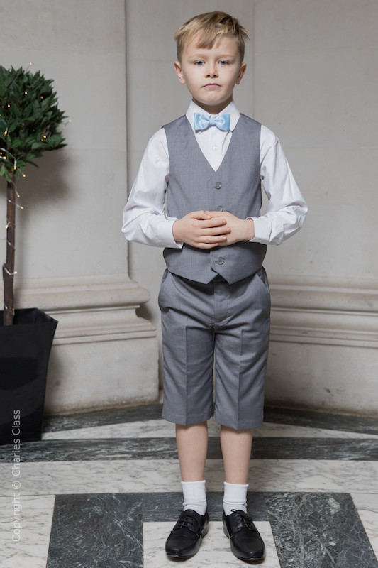 Boys Light Grey Shorts Summer Wedding Suit with Sky Blue Dickie Bow