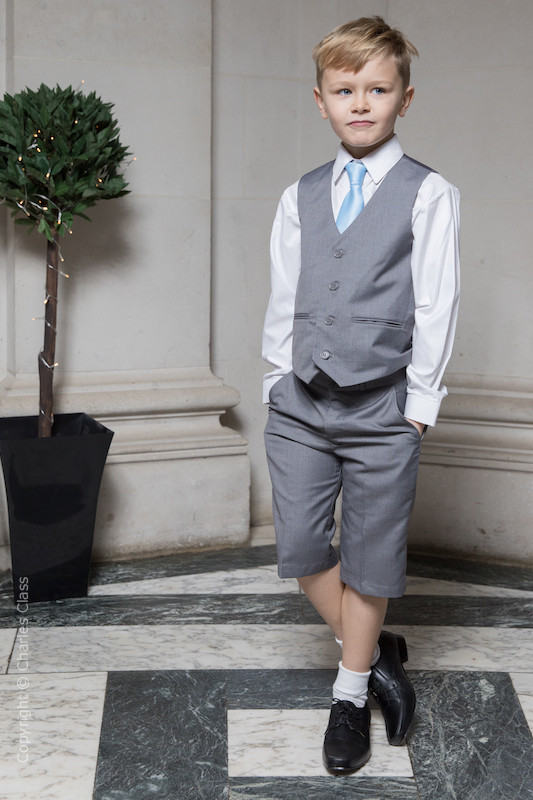 Boys Light Grey Shorts Suit with Sky Blue Tie - Harry