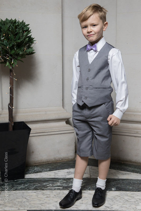 Boys Light Grey Shorts Summer Wedding Suit with a Lilac Dickie Bow