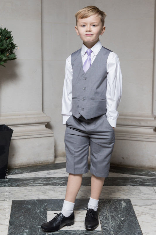 Boys Light Grey Shorts Suit with Lilac Tie - Harry
