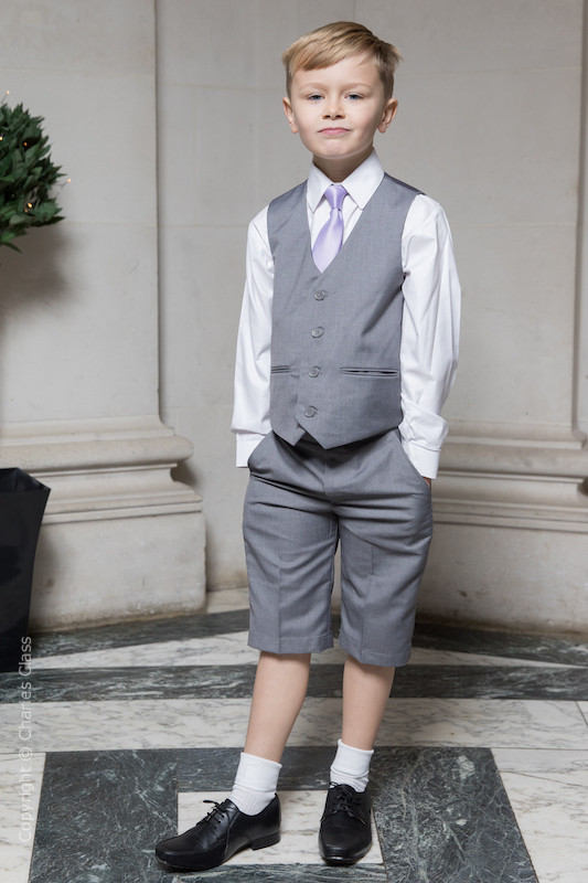 Boys Light Grey Shorts Suit with Lilac Tie Page Boy Wedding Suit