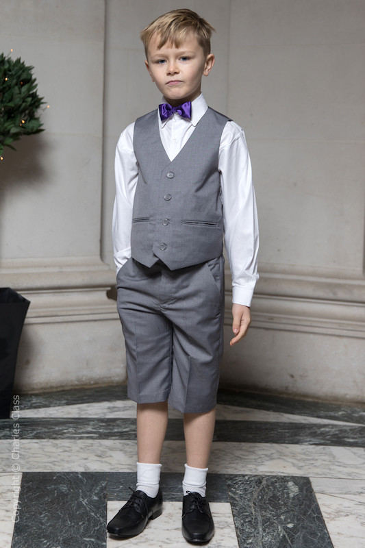 Boys Light Grey Shorts Summer Wedding Suit with Purple Dickie Bow