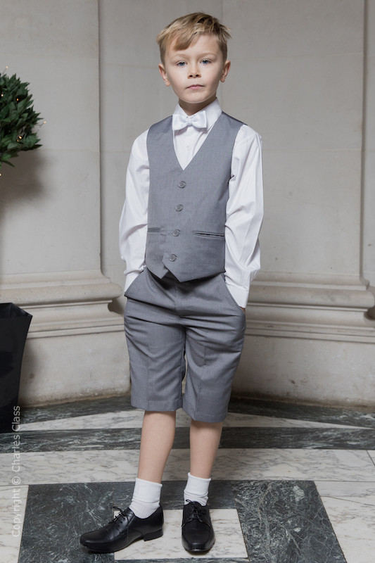 Boys Light Grey Shorts Suit with White Dickie Bow - Harry