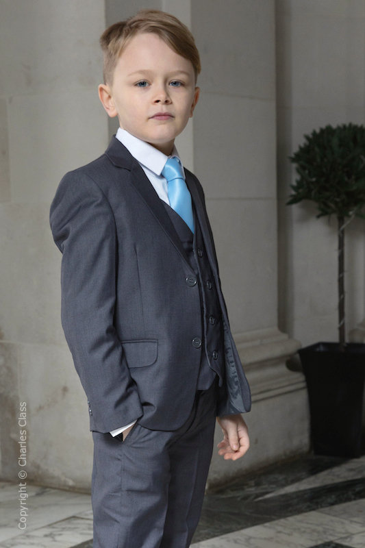 Boys Grey Jacket Suit with Sky Blue Tie - Oscar